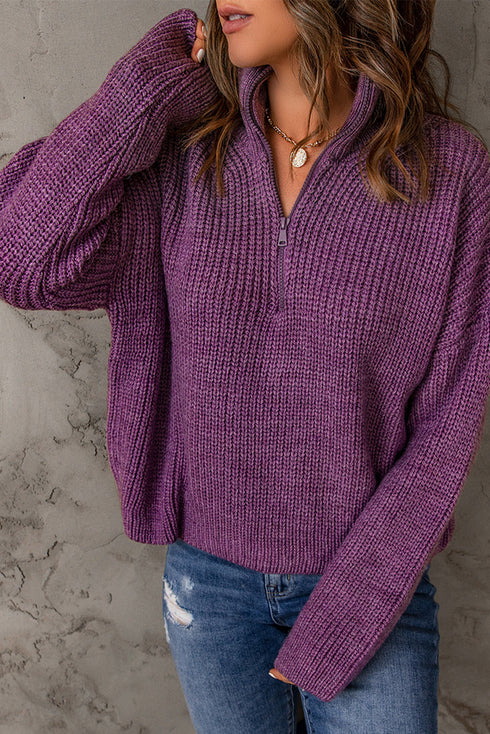 Zipped Turtleneck Drop Shoulder Knit Sweater